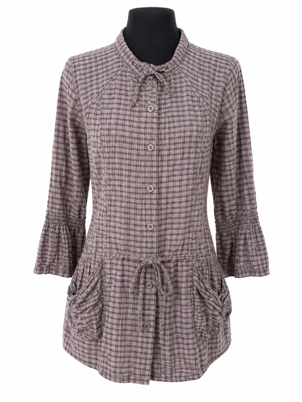Sandwich Plaid Cotton Tunic Dress Drawstring Waist Ruched Pockets Size 34
